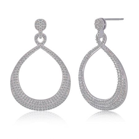 Close-up shot of the silver teardrop Glam On Earrings, highlighting the brilliance of the encrusted stones.