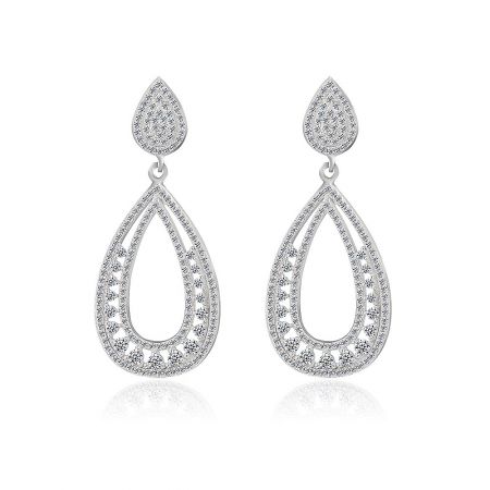 Open Pear-shaped Cubic Zirconia Statement Earring - A pair of open pear-shaped cubic zirconia statement earrings made of silver-toned metal, featuring a teardrop design with a smaller solid top stud and a larger hollow dangling piece encrusted with small white stones.