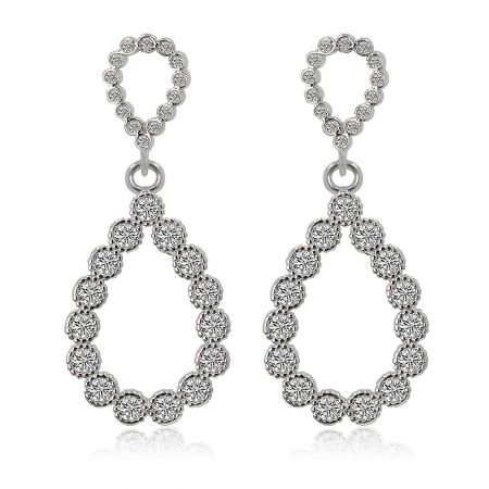 Teardrop Bezel Set Earring - A pair of silver teardrop bezel set earrings featuring a double-layered design with sparkling cubic zirconia stones, presented on a clean white background.