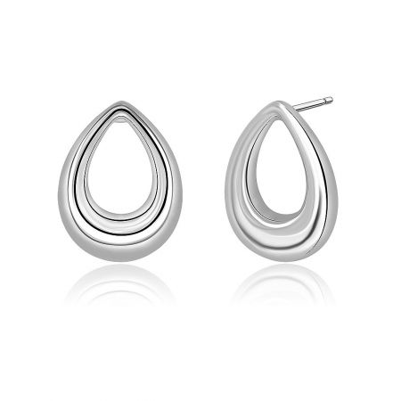 Detailed close-up of the high polished teardrop hoop earring showcasing its smooth, reflective rhodium-plated surface.
