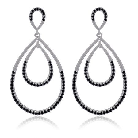 Black CZ Teardrop Dangle Earrings - A pair of Black CZ Teardrop Dangle Earrings with a double-layered silver metal design, intricately set with black cubic zirconia gemstones along the edges.
