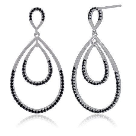 Detailed close-up of the silver teardrop earrings, highlighting the sparkling black gemstones set in the double-layered frame.