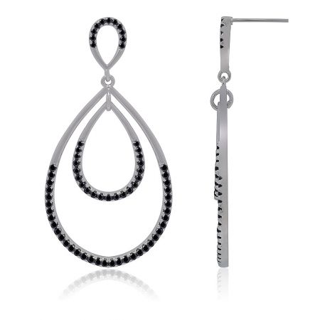 Front and side view of the silver teardrop earrings with black stones, showcasing the double-layered design and post closure.