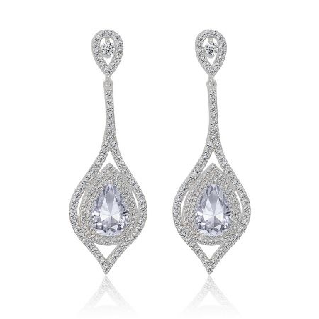 Glamorous silver teardrop chandelier earrings encrusted with sparkling clear gemstones.