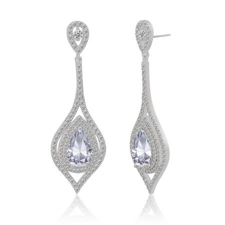 A detailed close-up of the Glamour Drop Earrings, highlighting the intricate setting of the pear-shaped and smaller cubic zirconia crystals.