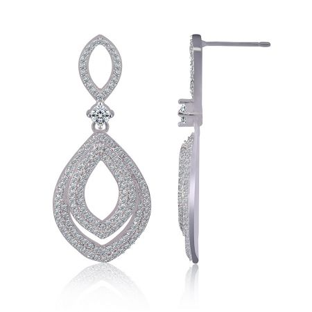 Side and front view of the silver teardrop earrings, showcasing the post-back closure and intricate cubic zirconia setting.