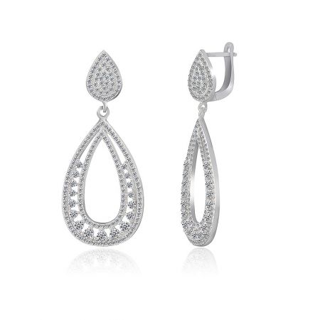 Side view of the silver teardrop earrings, highlighting the post and clip closure mechanism and the brilliant sparkle of the cubic zirconia stones.