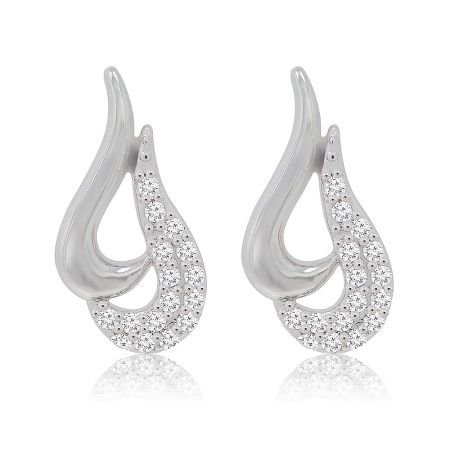 Swirls Stud Earrings - A pair of silver teardrop-shaped Swirls Stud Earrings with sparkling cubic zirconia embellishments, shown on a white background.
