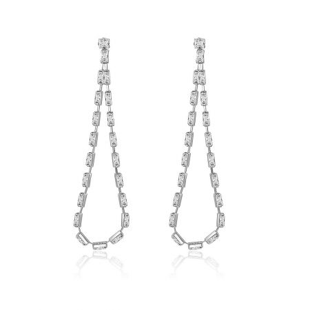 Sweet Double Row CZ Dangle Earrings - A close-up view of the Sweet Double Row CZ Dangle Earrings, showcasing their teardrop shape and sparkling rectangular-cut cubic zirconia stones set in rhodium-plated silver metal.