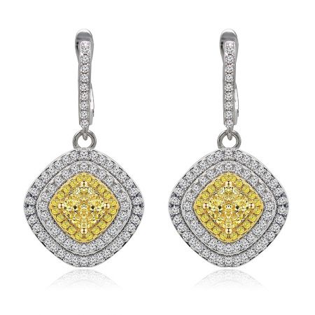 Cushion Shape Stud Earring with Yellow Cubic Zirconia - A pair of cushion shape stud earrings made of silver metal, featuring a large yellow center gemstone surrounded by smaller white and yellow diamonds. Model BEP02-RG-Z-00140.