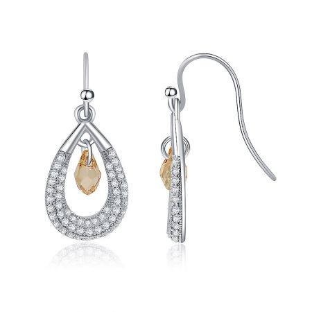 Detailed side view of a single Swarovski crystal teardrop earring, showcasing the intricate double row of white gemstones and the central yellow gemstone.