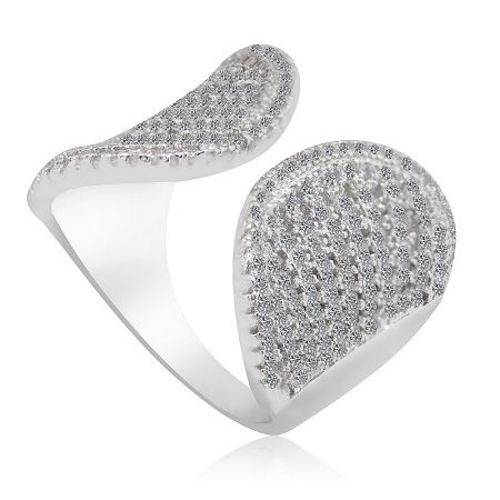 A stylish open cuff bracelet featuring a teardrop design heavily embellished with clear gemstones.