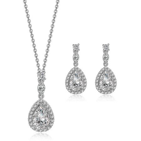 Pear Drop Pave Cubic Zirconia Necklaces and Earrings Set - A complete Pear Drop Pave Cubic Zirconia jewelry set, showcasing the teardrop pendant necklace and matching earrings against a white background.