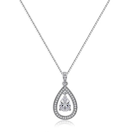 Rhodium Plated Pear Drop Necklace - Close-up of a rhodium-plated pear drop necklace featuring a large central AAA cubic zirconia surrounded by smaller stones.