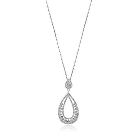 Open Pear-shaped Cubic Zirconia Statement Necklace - A close-up of the Open Pear-shaped Cubic Zirconia Statement Necklace, highlighting the intricate rhodium-plated brass pendant and sparkling cubic zirconia stones.