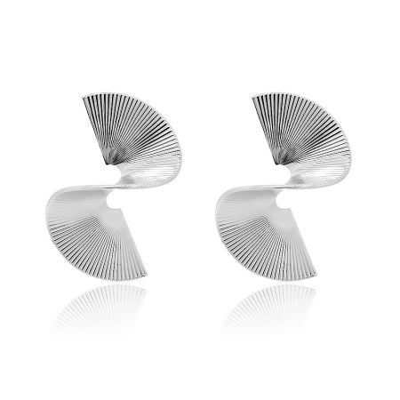 Simple Enfold Fashion Earring - A pair of Simple Enfold Fashion Earrings in silver, showcasing their modern, textured, and geometric fan-shaped design against a white background.