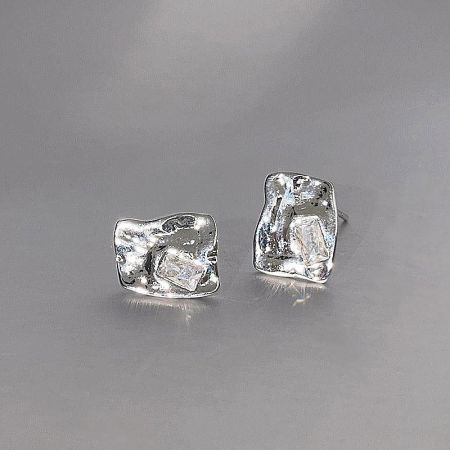 Silver Plated White Zircon Irregular Shape Stud Earrings (5 Pairs) - A pair of silver-plated stud earrings with a unique, textured, and irregular wavy design, part of a 5-pair set.