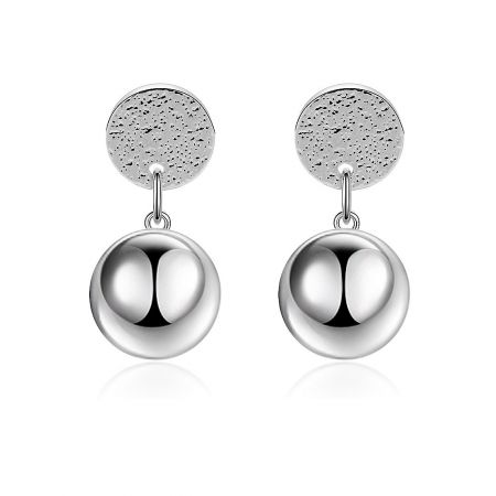 Top Round Disc Stud Ball Earrings - A pair of Top Round Disc Stud Ball Earrings with textured tops and smooth spherical drops, made of rhodium-plated brass.