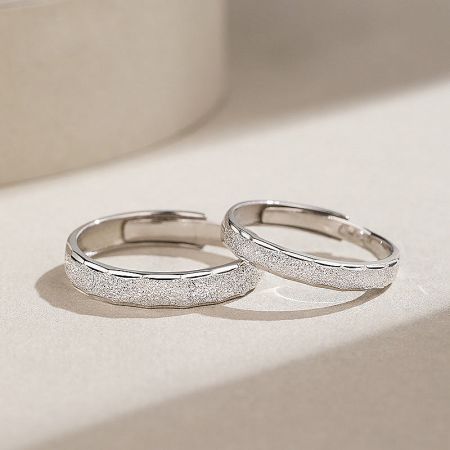 925 Sterling Silver Simple Sanded Design Adjustable Couple Promise Ring Set - A pair of 925 sterling silver couple promise rings with a simple, textured sanded design, displayed on a white background.