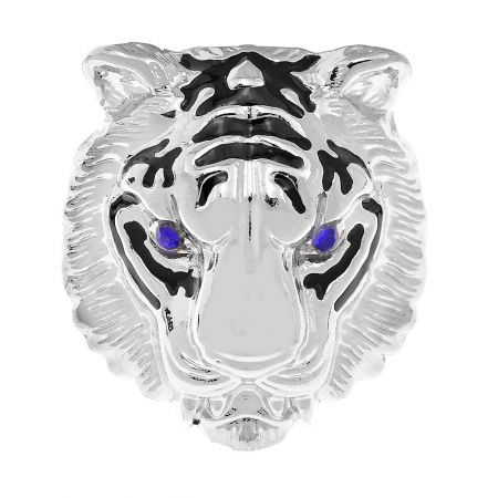 Silver variant of the Tiger Head Brooch with piercing blue eyes.