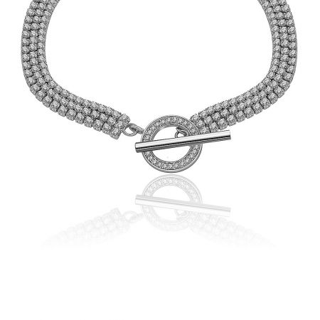 Close-up view of the secure and stylish toggle clasp on the triple row CZ tennis bracelet.