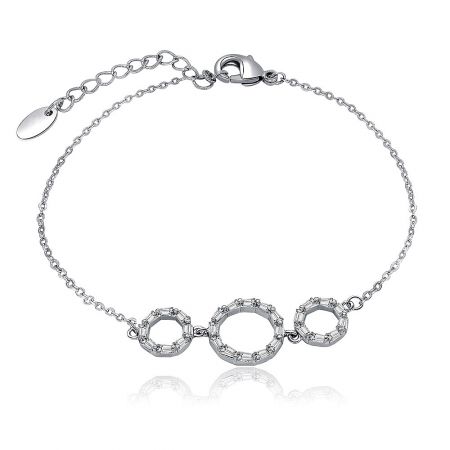 Baguette CZ Circle Charm Bracelet - A studio shot of the Baguette CZ Circle Charm Bracelet, highlighting its silver-toned metal and clear baguette-cut stones set in circular charms.