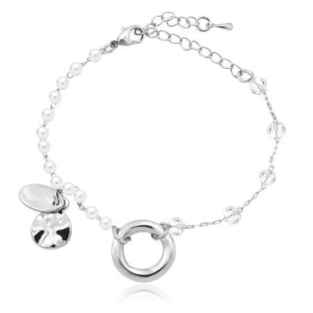 Mixed Beaded And Pearls Bracelet - Mixed Beaded and Pearls Bracelet by JR Fashion Accessories, featuring a silver-toned brass chain with white plastic pearls, beads, and an adjustable lobster clasp.