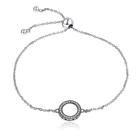Circle Halo CZ Pave Bracelet in Sterling Silver - A delicate Circle Halo CZ Pave Bracelet in 925 Sterling Silver, featuring a circular pendant with sparkling cubic zirconia stones on a thin chain.