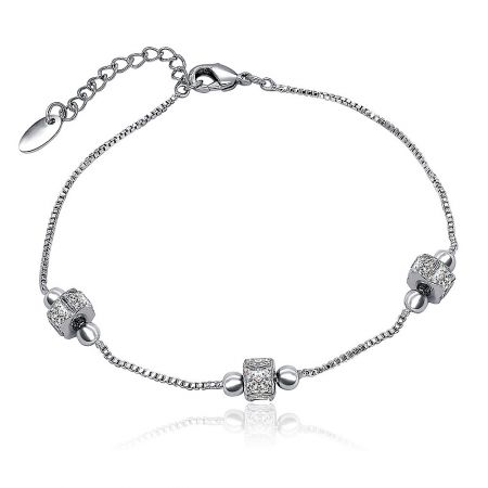 Rhodium CZ Round Bijoux Bracelet - A clear, full view of the Rhodium CZ Round Bijoux Bracelet, showcasing its silver-toned rhodium plating, sparkling cubic zirconia charms, and secure lobster clasp on a white background.