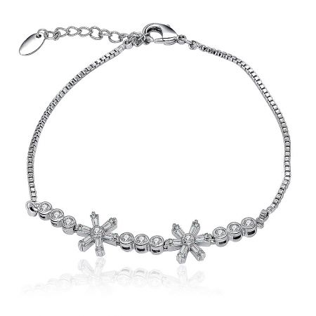 CZ Floral Flower Charms Box Chain Bracelet - A stunning CZ Floral Flower Charms Box Chain Bracelet displayed on a white surface, highlighting its intricate flower motifs and sparkling cubic zirconia stones.
