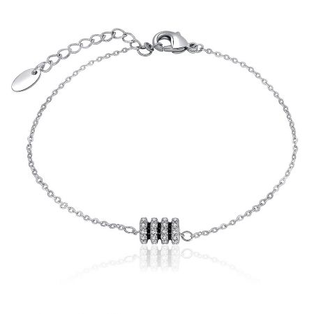 Round Bijoux Charm Bracelet - Close-up of the Round Bijoux Charm Bracelet, showcasing its silver-toned brass construction, rhodium plating, and sparkling cubic zirconia charm details.