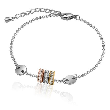 Charm Bracelet With Zirconia In 3 Tones Plating - Close-up of the Charm Bracelet with Zirconia, showing the three-tone plated charms in rose gold, silver, and yellow gold on a silver chain.