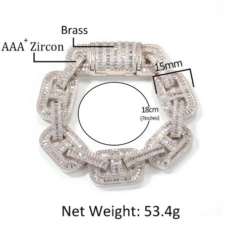 Detailed view of a silver-toned brass hip hop bracelet encrusted with sparkling zircon stones.