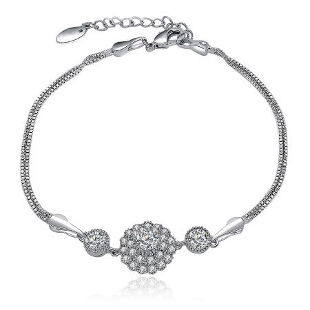 CZ Sunburst Charm Box Snake Chain Bracelet - CZ Sunburst Charm Box Snake Chain Bracelet in rhodium-plated brass, featuring a central cubic zirconia sunburst charm and side stones, displayed on a white background.