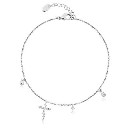 Tiny Cross Bracelet - A detailed view of the Tiny Cross Bracelet, showcasing its rhodium-plated brass chain and multiple charms, including a cubic zirconia-studded cross.