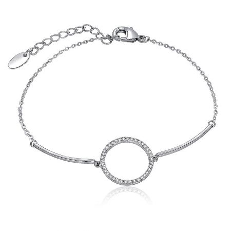 Circle Charm Bar Bracelet - A minimalist silver-toned Circle Charm Bar Bracelet with a central circular element encircled by sparkling cubic zirconia stones, on a white background.