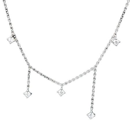 Close-up view of the delicate chain and clear gemstone details of the silver tassel necklace.