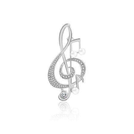 Music Note Women Brooch Pin - Elegant music note women's brooch pin with a treble clef design, micro-paved with cubic zirconia and white glass pearls.