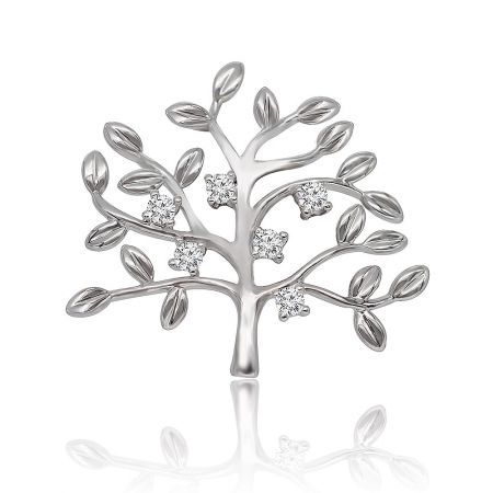 Silver tree of life brooch pin with sparkling cubic zirconia stones.