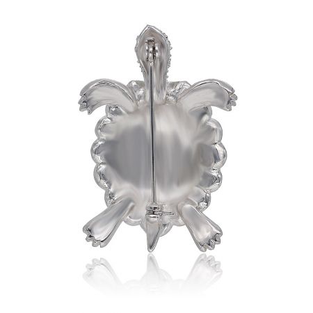 Back view of the Blue White Turtle Brooch Pin, showing the silver rhodium plating and roller pin catch closure.