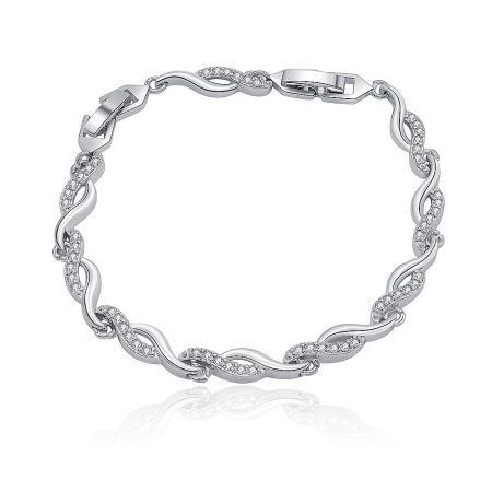 CZ Wave Link Bracelet - The CZ Wave Link Bracelet in rhodium-plated brass, featuring a delicate twisted design with sparkling cubic zirconia stones on a white background.