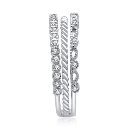 Close-up detail of the spiral statement ring, showing the central twisted rope design and the arrangement of the small cubic zirconia stones.