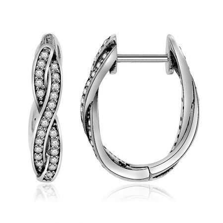 Side profile of the sterling silver twist hoop earrings, showcasing the elegant curve and the secure hinged post and clip closure mechanism.