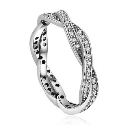 Side view of the silver twist ring highlighting the pave-set cubic zirconia stones.