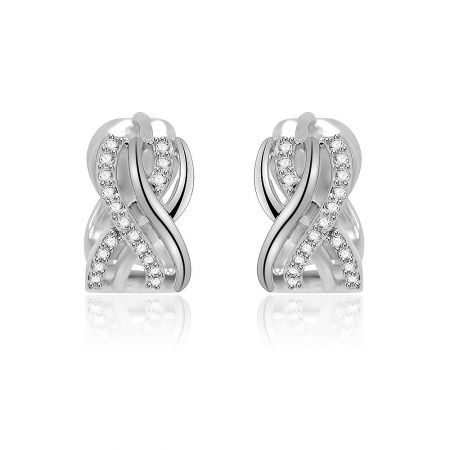 Inter Cross Clear CZ Huggie Earrings - A close-up of the Inter Cross Clear CZ Huggie Earrings, showcasing their intricate twisted design in rhodium-plated brass, adorned with sparkling white cubic zirconia stones.