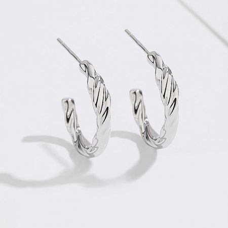 Detailed shot of a pair of silver twisted hoop earrings against a clean white background.