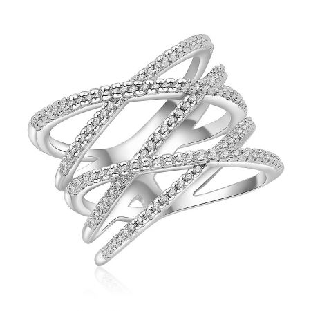 Side view of the Wide Crossover X Bliss Ring, highlighting the twisted band design and brilliant cubic zirconia.