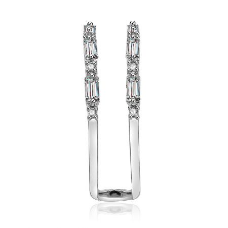 Stylish U-shaped silver earrings with sparkling diamond embellishments, highlighting intricate design details.