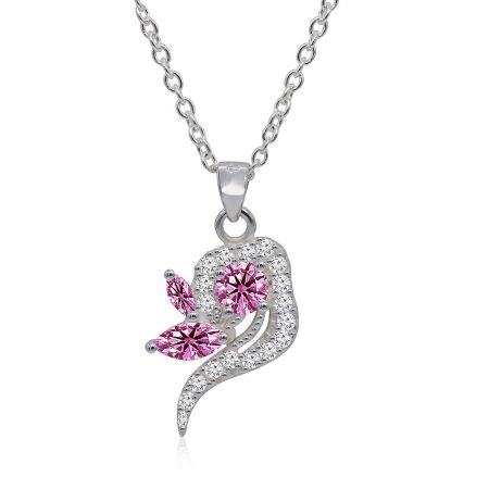 An alternative angle of the Silver Plated Pink CZ Swirl Necklace, showcasing the brilliance of the embedded gemstones.