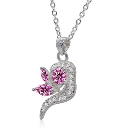 Detailed view of the silver swirl pendant, revealing its unique shape accented with pink and white cubic zirconia.